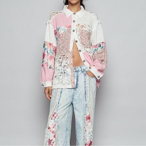 POL Pink and White Button Down Patchwork Lace Floral LaceShirt